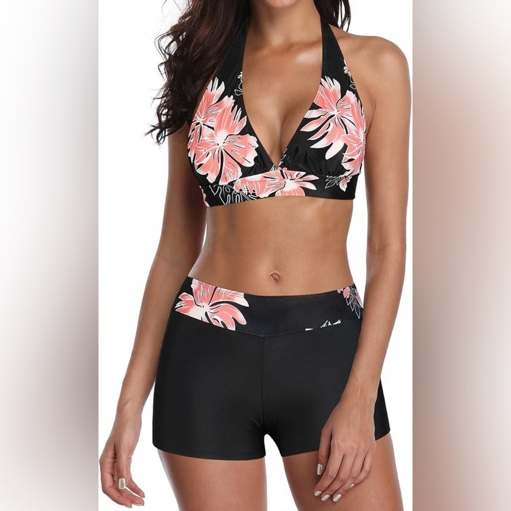Floral Women’s Halter Bikini Set - Black and Pink Plus 2XL